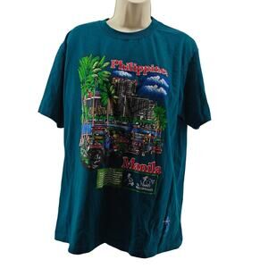 Dibuho Philippines Manila Jeepneys Hand-Painted T-Shirt Teal Xlarge